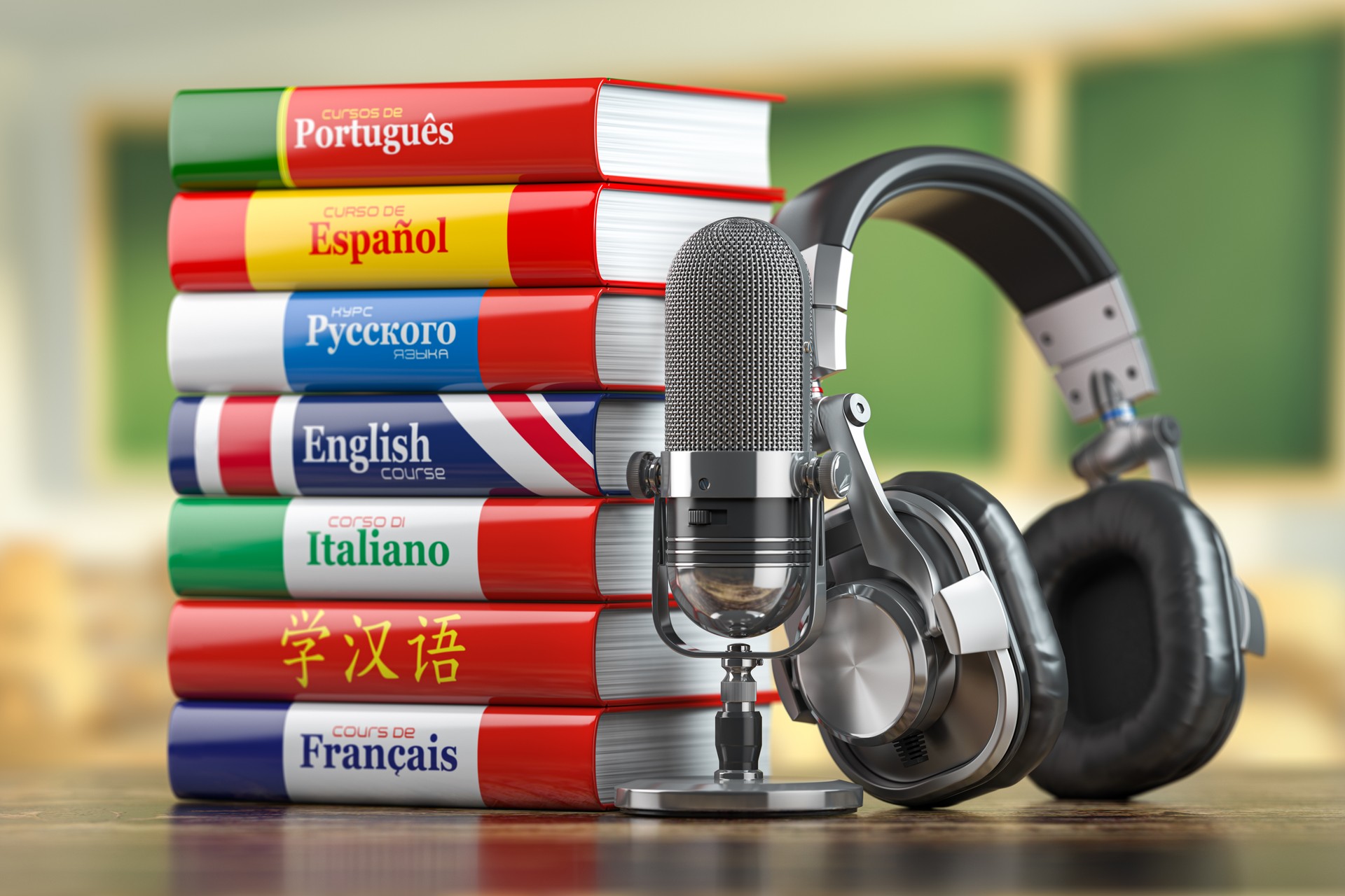 Learning languages online.  Dictionary books of different languages with headphones and microphone.